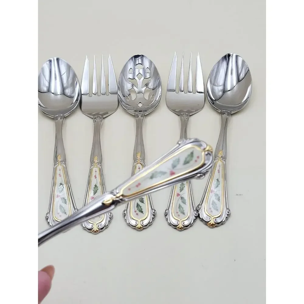 Lenox Holiday 18/8 Stainless Steel Serving Flatware Set of 11 Holly Gold Accent